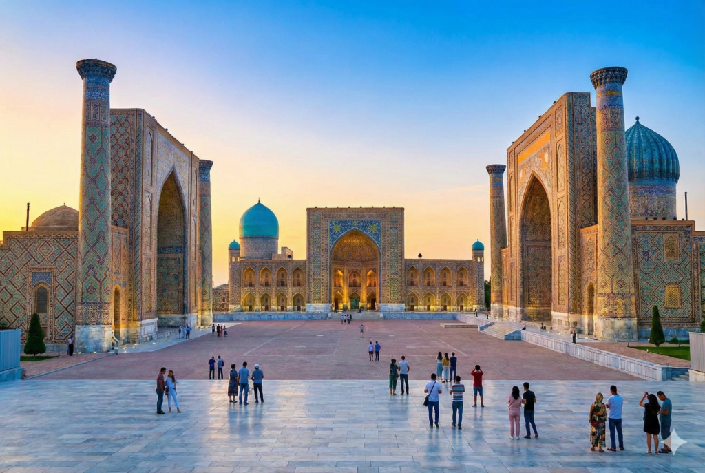 ウズベキスタン イメージ:夕暮れのレギスタン広場