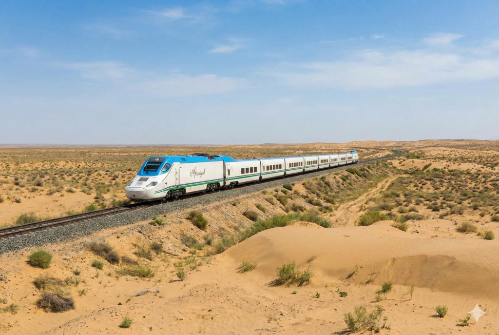 (イメージ:砂漠を走るウズベキスタンの鉄道)