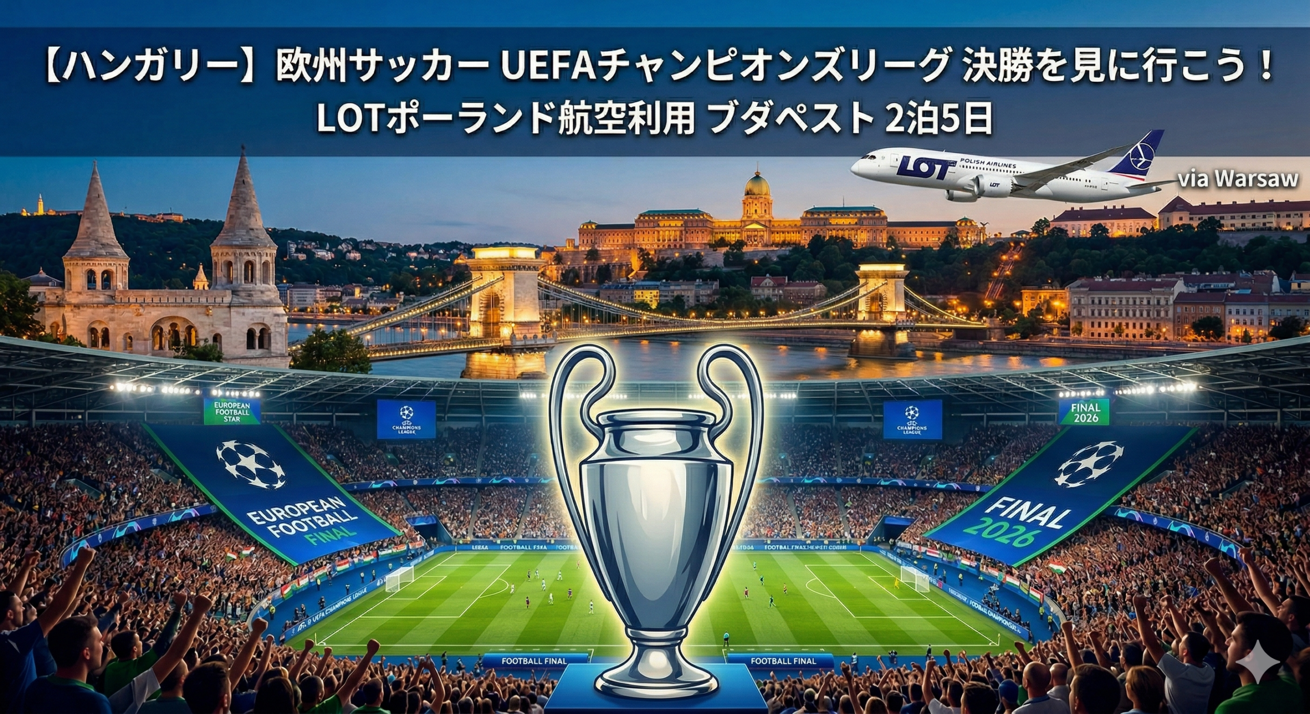 【ハンガリー】欧州サッカー　UEFAチャンピオンズリーグ 決勝を見に行こう！LOTポーランド航空利用 ブダペスト 2泊5日
